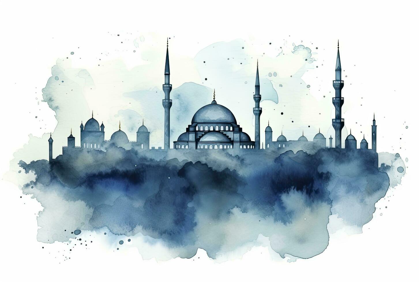 AI generated Watercolor Rendering of an Abstract Blue Mosque, Symbolizing Ramadan and Eid Mubarak Celebration. photo