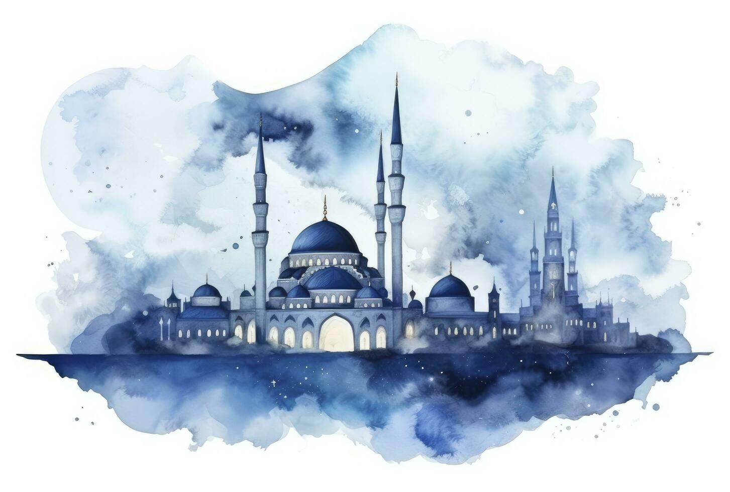 AI generated Watercolor Rendering of an Abstract Blue Mosque, Symbolizing Ramadan and Eid Mubarak Celebration. photo