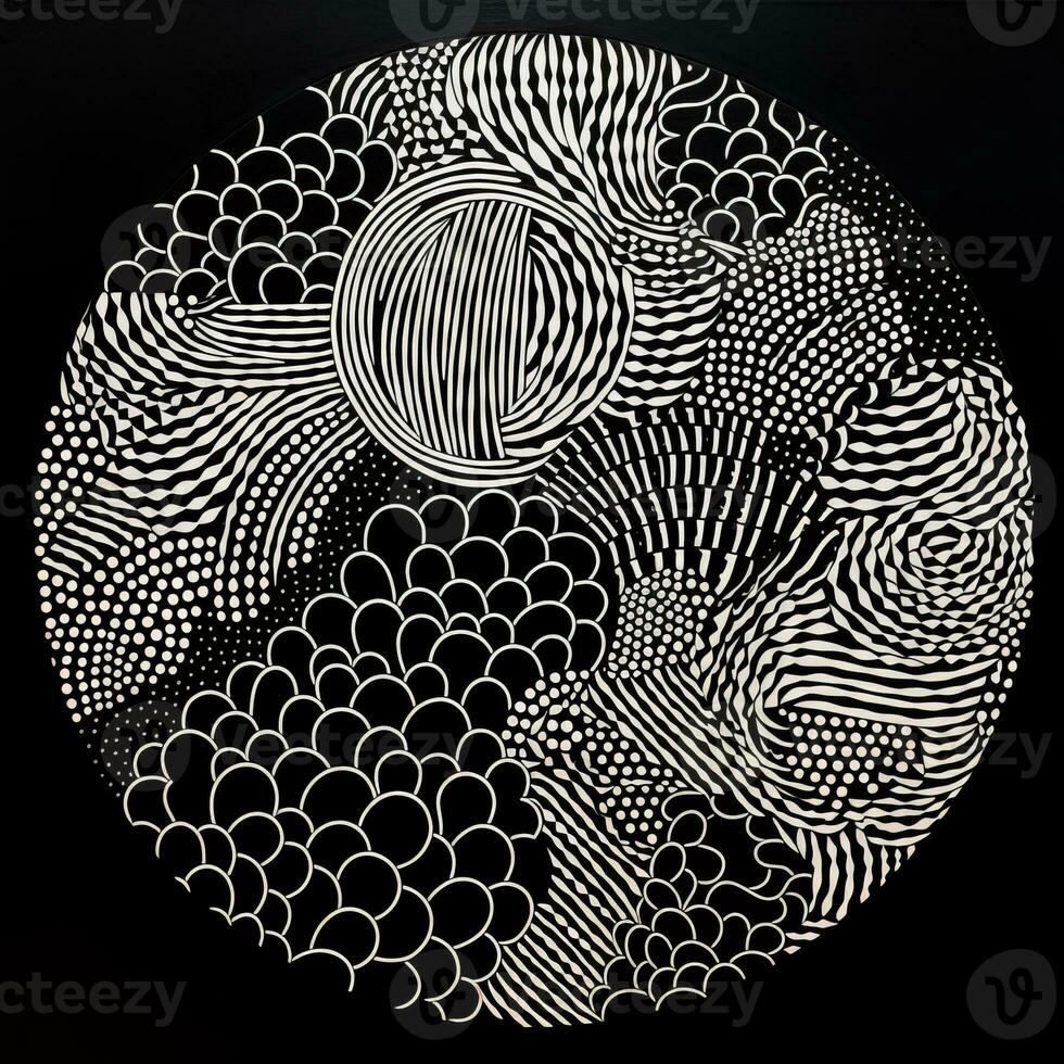 AI generated Abstract circle with wavy pattern in black and white colors. Surrealist style photo