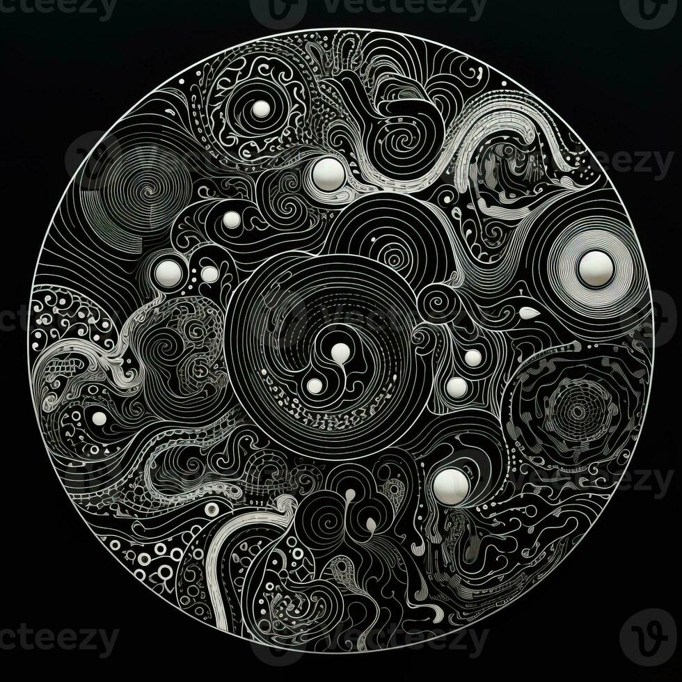 AI generated Abstract circle with wavy pattern in black and white colors. Surrealist style photo