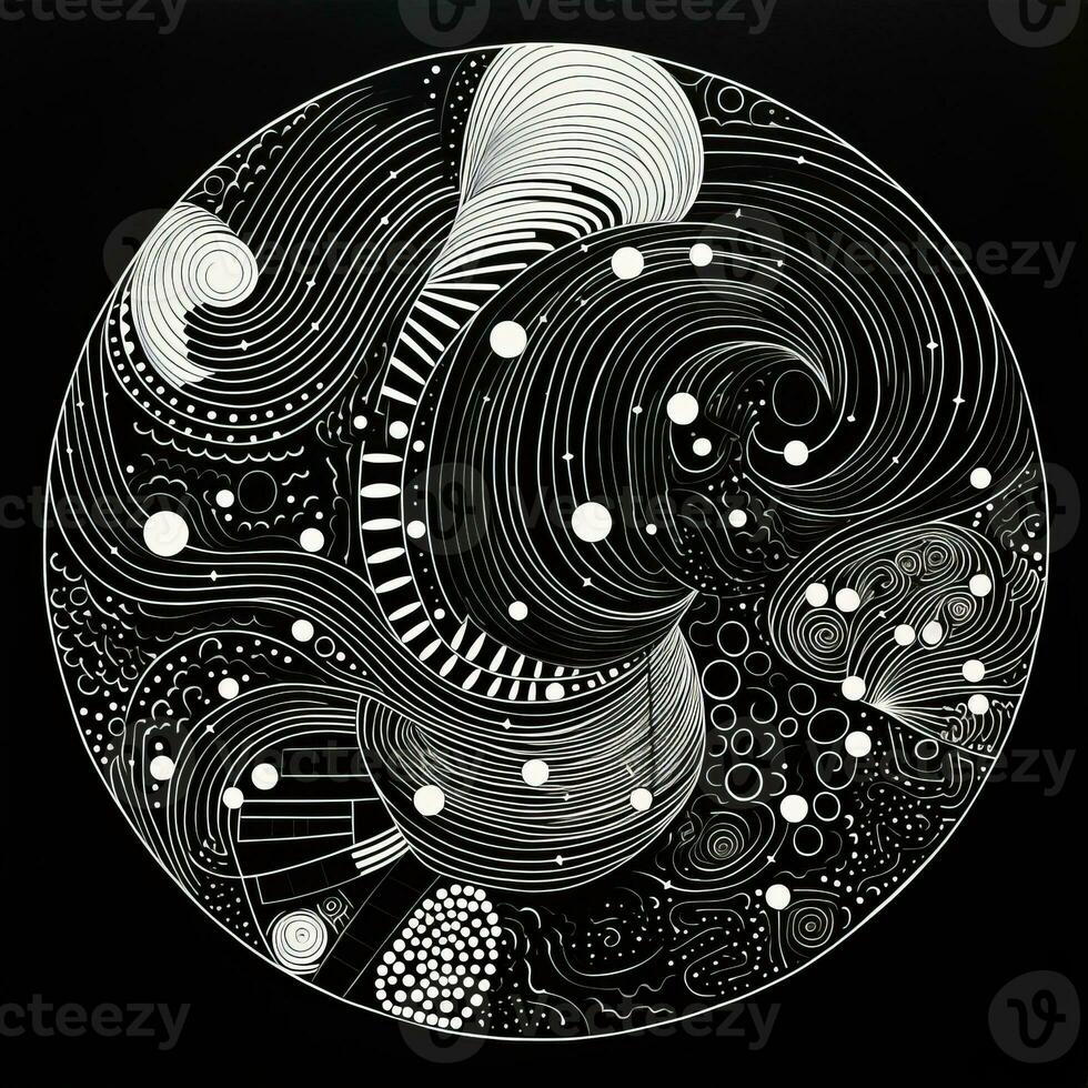 AI generated Abstract circle with wavy pattern in black and white colors. Surrealist style photo