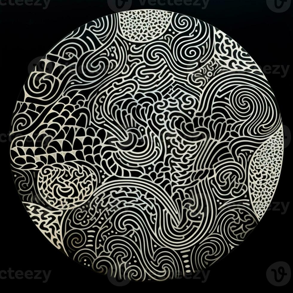 AI generated Abstract circle with wavy pattern in black and white colors. Surrealist style photo
