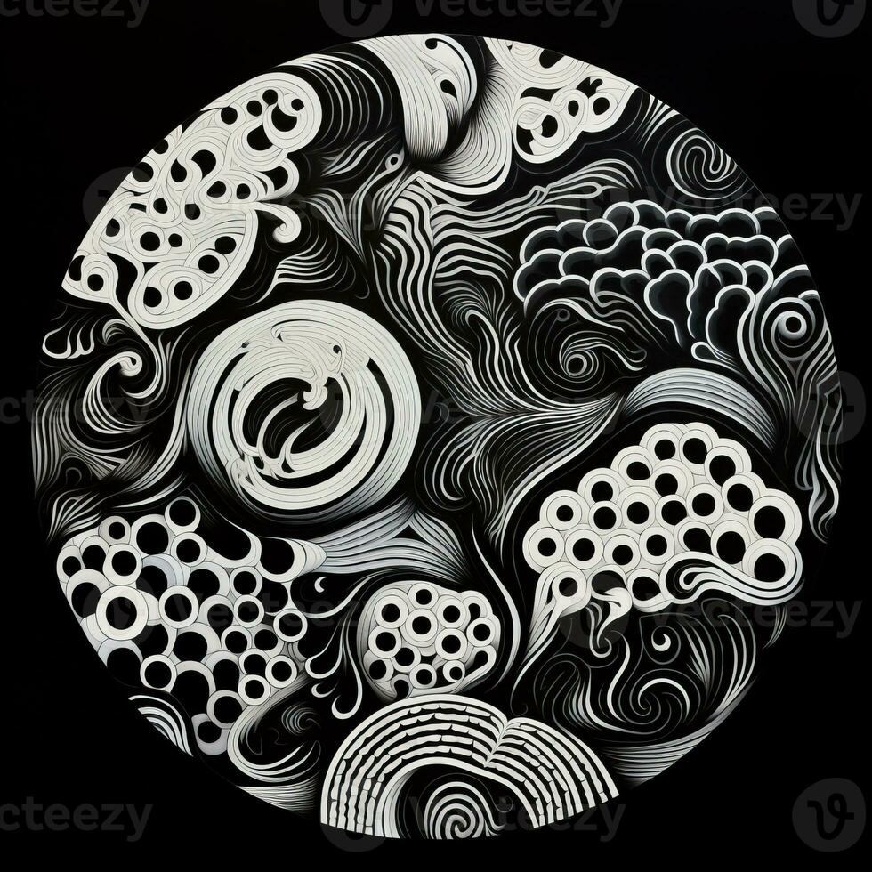 AI generated Abstract circle with wavy pattern in black and white colors. Surrealist style photo