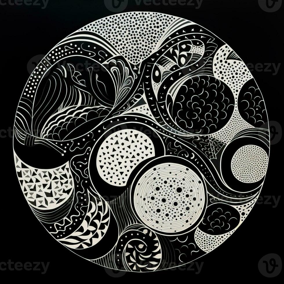 AI generated Abstract circle with wavy pattern in black and white colors. Surrealist style photo