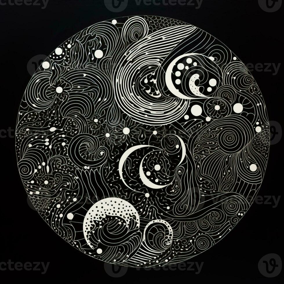 AI generated Abstract circle with wavy pattern in black and white colors. Surrealist style photo