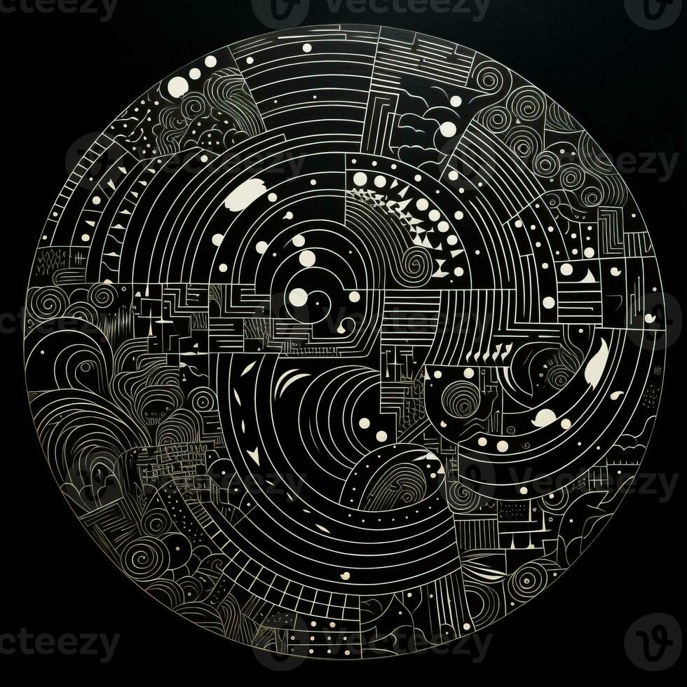 AI generated Abstract circle with wavy pattern in black and white colors. Surrealist style photo