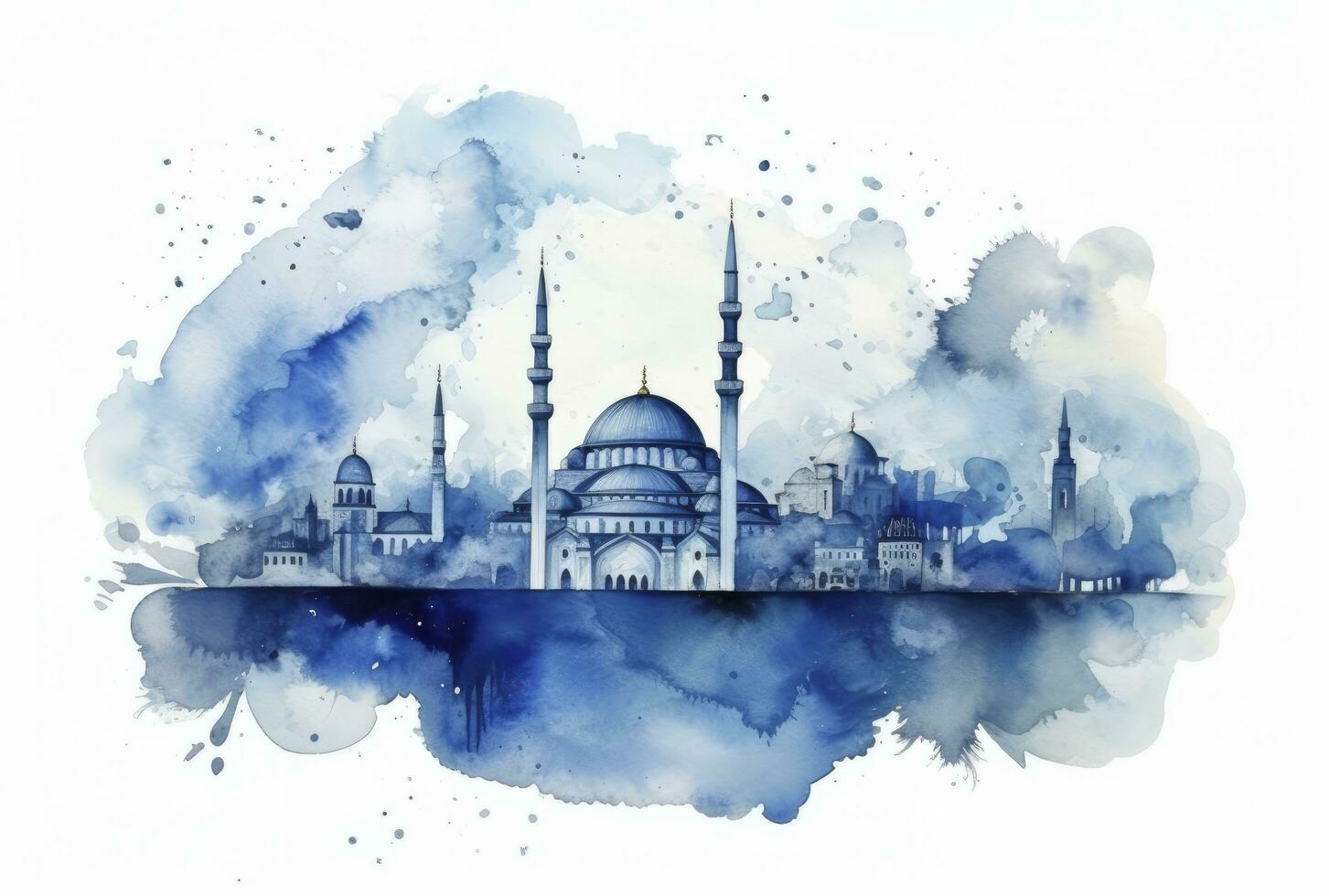 AI generated Watercolor Rendering of an Abstract Blue Mosque, Symbolizing Ramadan and Eid Mubarak Celebration. photo