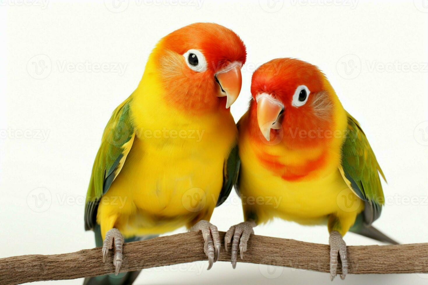 AI generated Lovebirds agapornis fischeri captured together in isolation on a clean white backdrop AI Generated photo