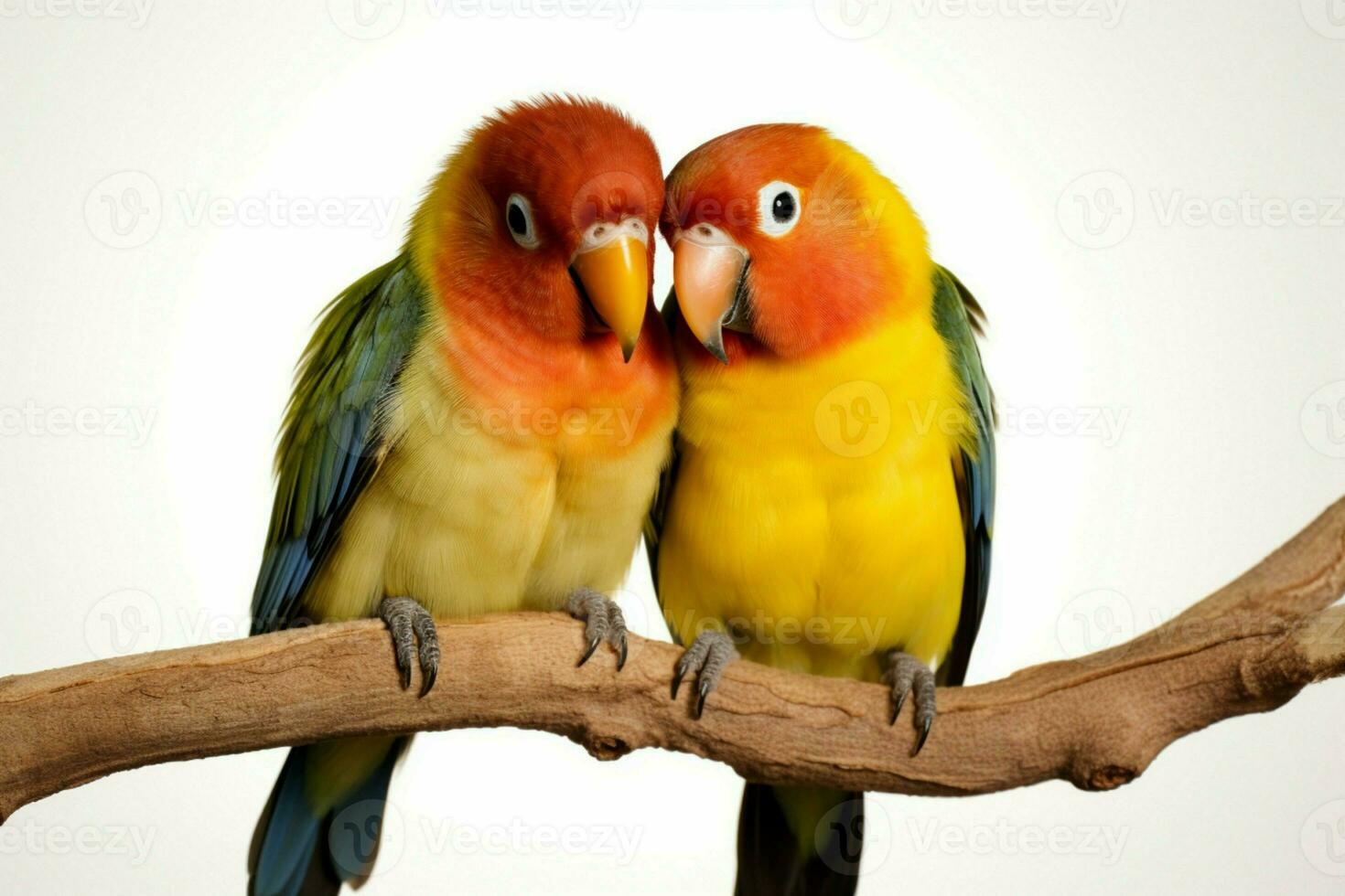 AI generated Lovebirds agapornis fischeri captured together in isolation on a clean white backdrop AI Generated photo