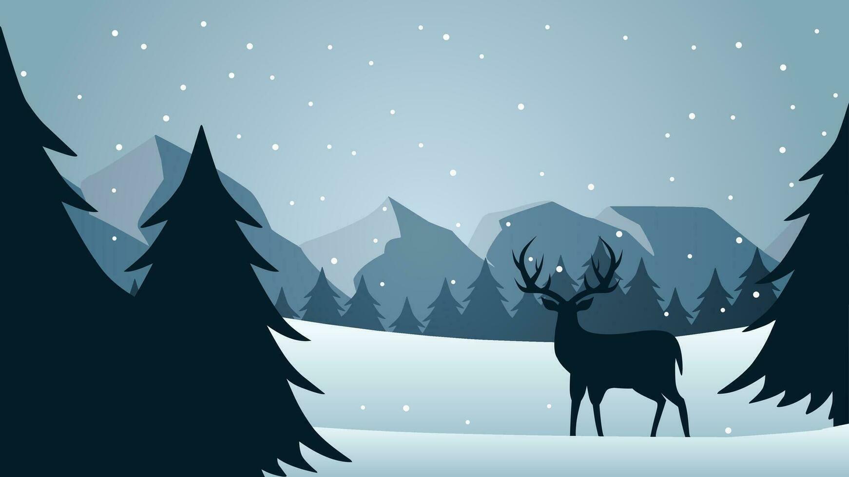 Wildlife reindeer in winter landscape vector illustration. Scenery of reindeer silhouette in the pine forest. Deer wildlife panorama for illustration, background or wallpaper