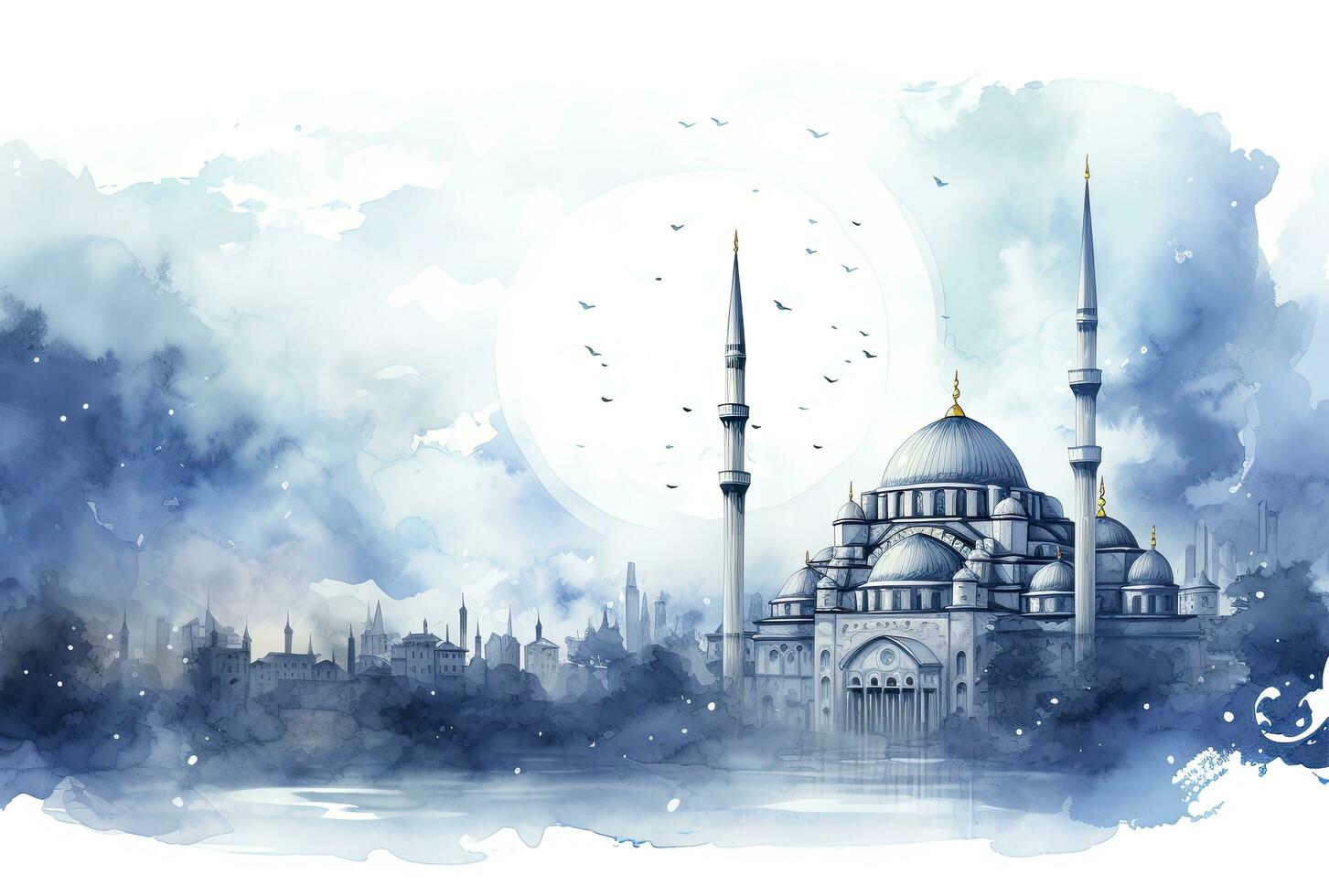 AI generated Watercolor Rendering of an Abstract Blue Mosque, Symbolizing Ramadan and Eid Mubarak Celebration. photo