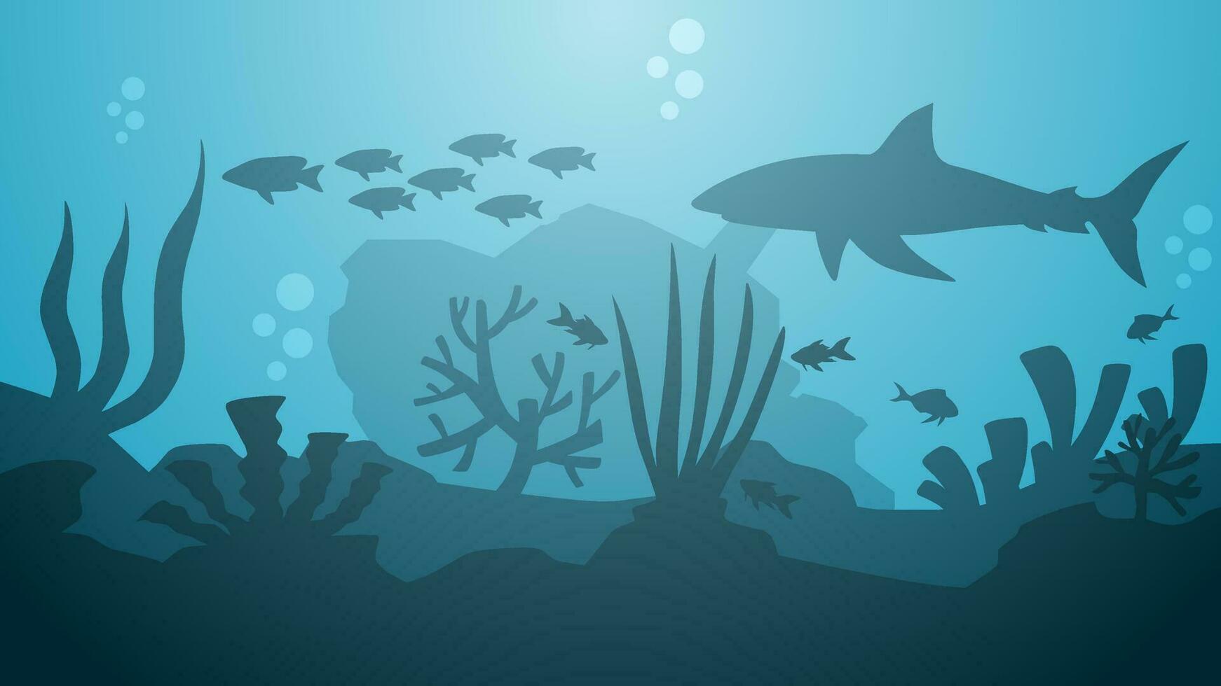 Seascape vector illustration. Scenery of shipwreck in the bottom sea with fish and coral reef. Undersea landscape for illustration, background or wallpaper