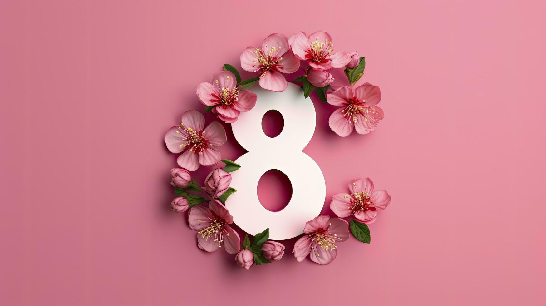 AI generated International Women's Day 8 March greeting card with spring pink flowers and number 8 isolated on Pink background, top view, free space for advertising. photo