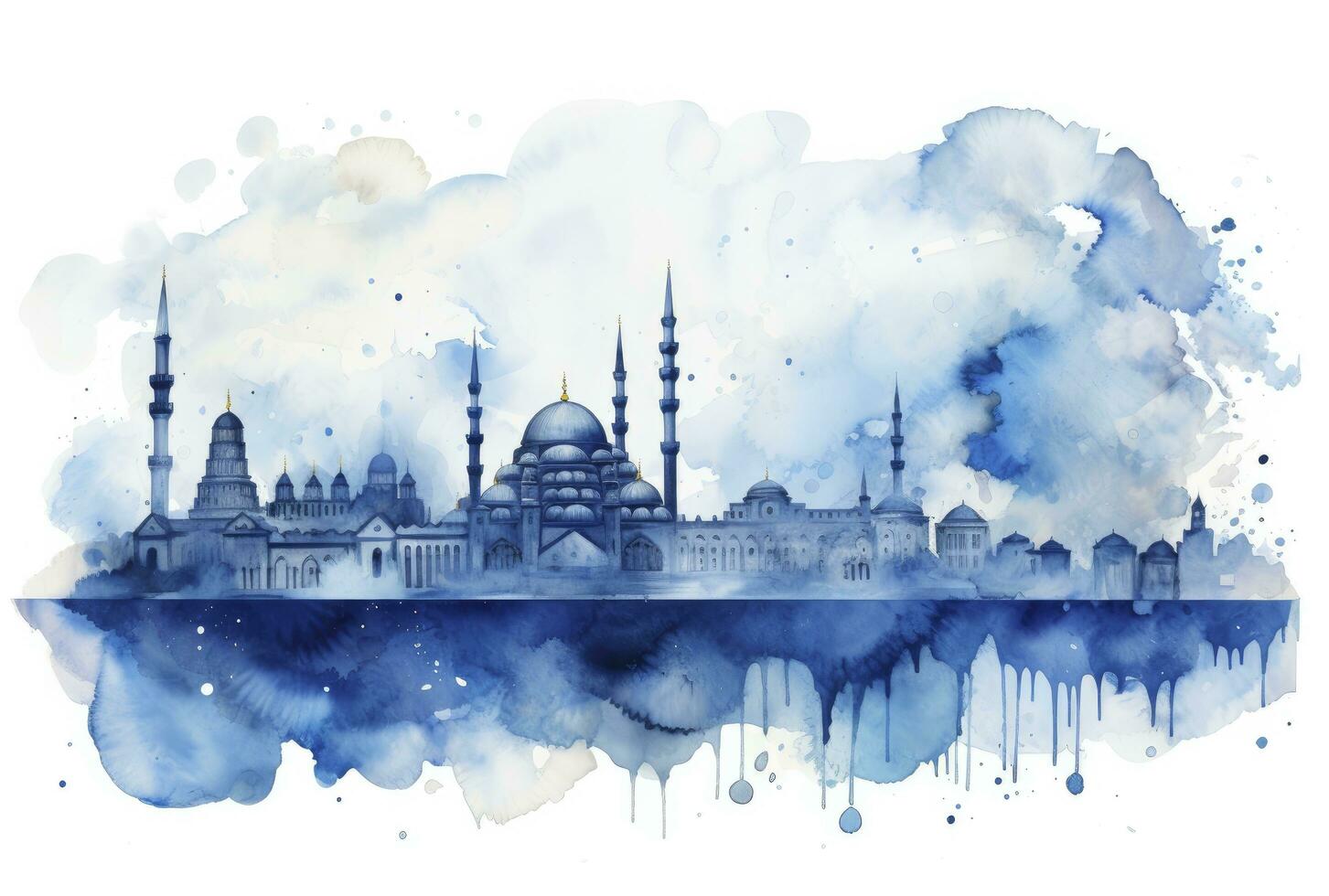 AI generated Watercolor Rendering of an Abstract Blue Mosque, Symbolizing Ramadan and Eid Mubarak Celebration. photo