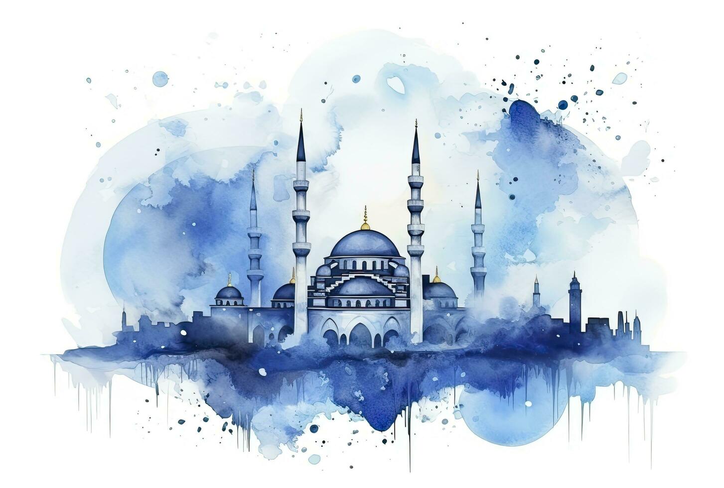 AI generated Watercolor Rendering of an Abstract Blue Mosque, Symbolizing Ramadan and Eid Mubarak Celebration. photo