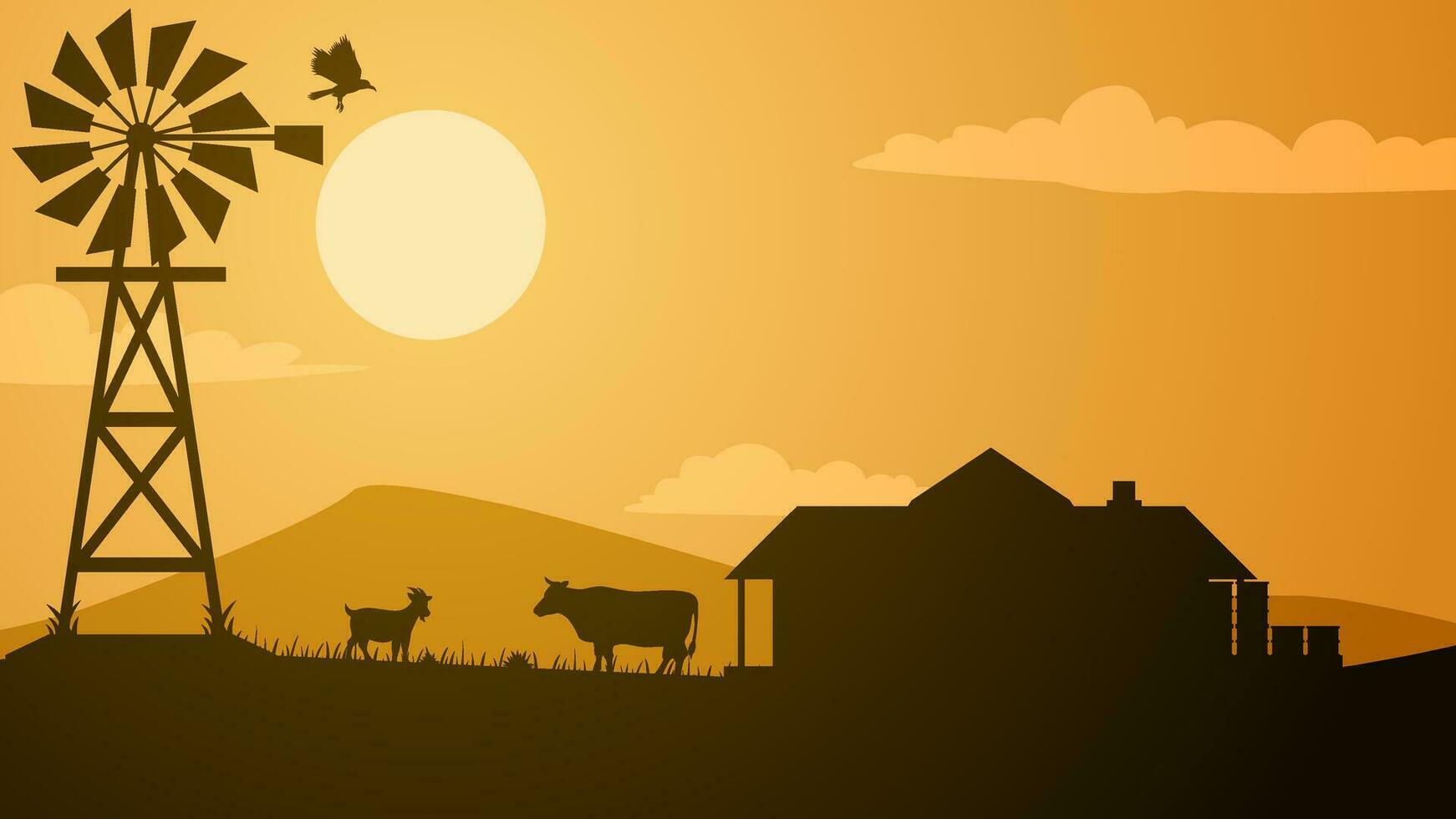 Farmland silhouette landscape vector illustration. Scenery of livestock cow and goat in the countryside farm. Rural landscape for illustration, background or wallpaper