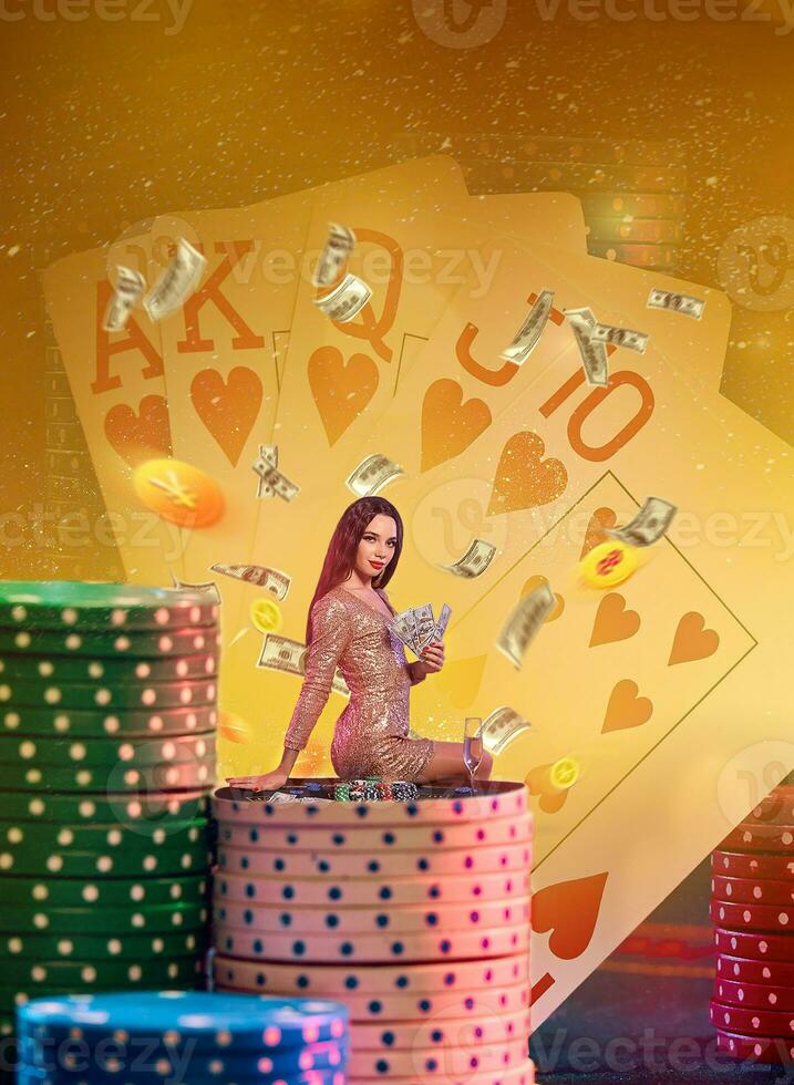 Girl in golden dress holding cash, sitting sideways on stack of chips. Background with playing cards, flying money, backlight. Poker, casino. Close up photo