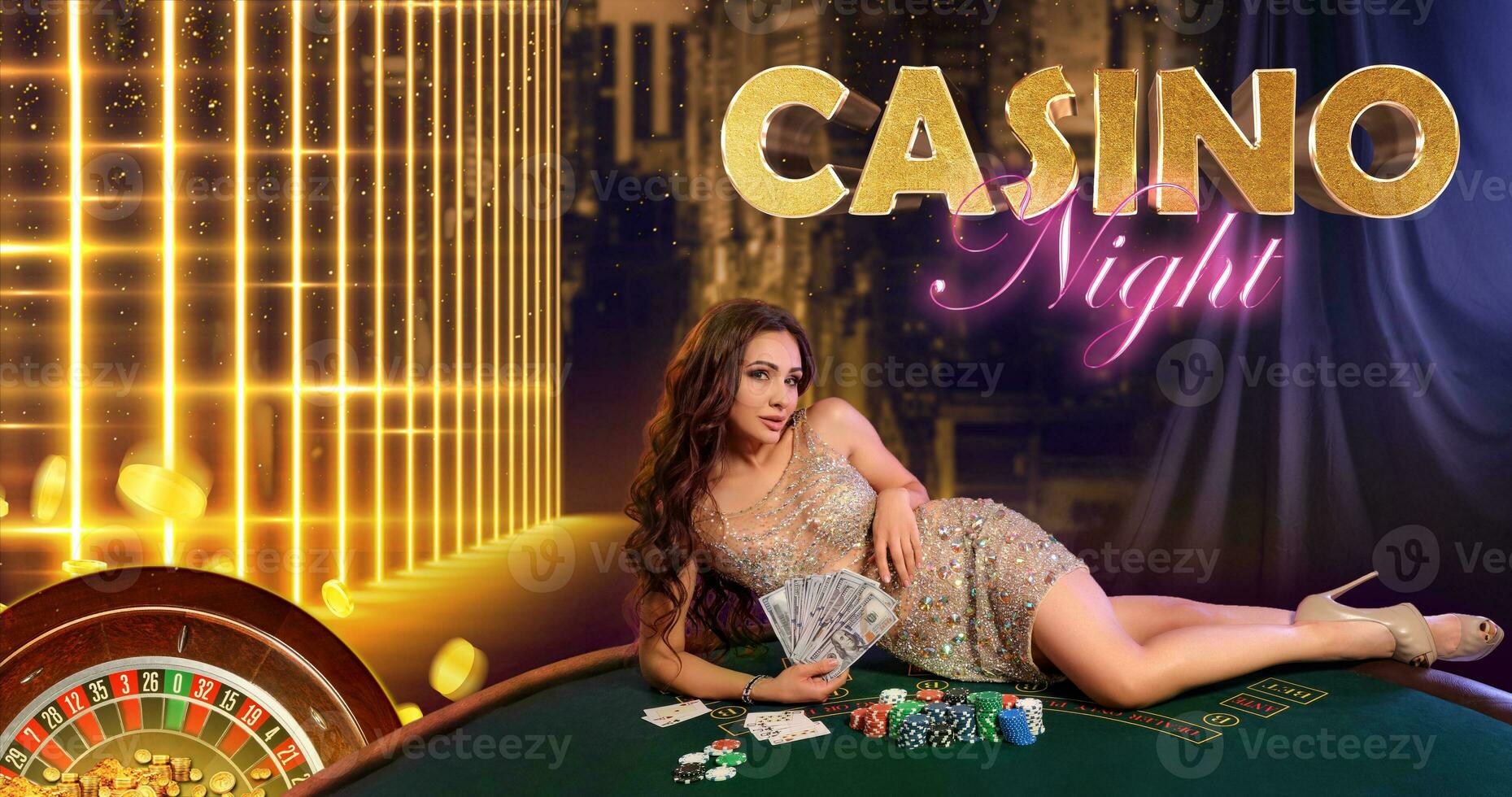Female in golden dress. Holding money, lying on table with stacks of chips, cards on it. Colorful background, neon inscriptions casino night. Poker photo