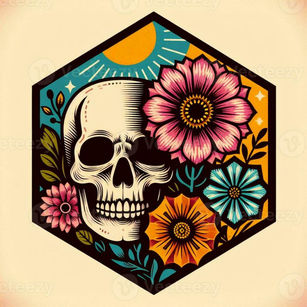 AI generated illustration of skull and flower. vintage style. photo