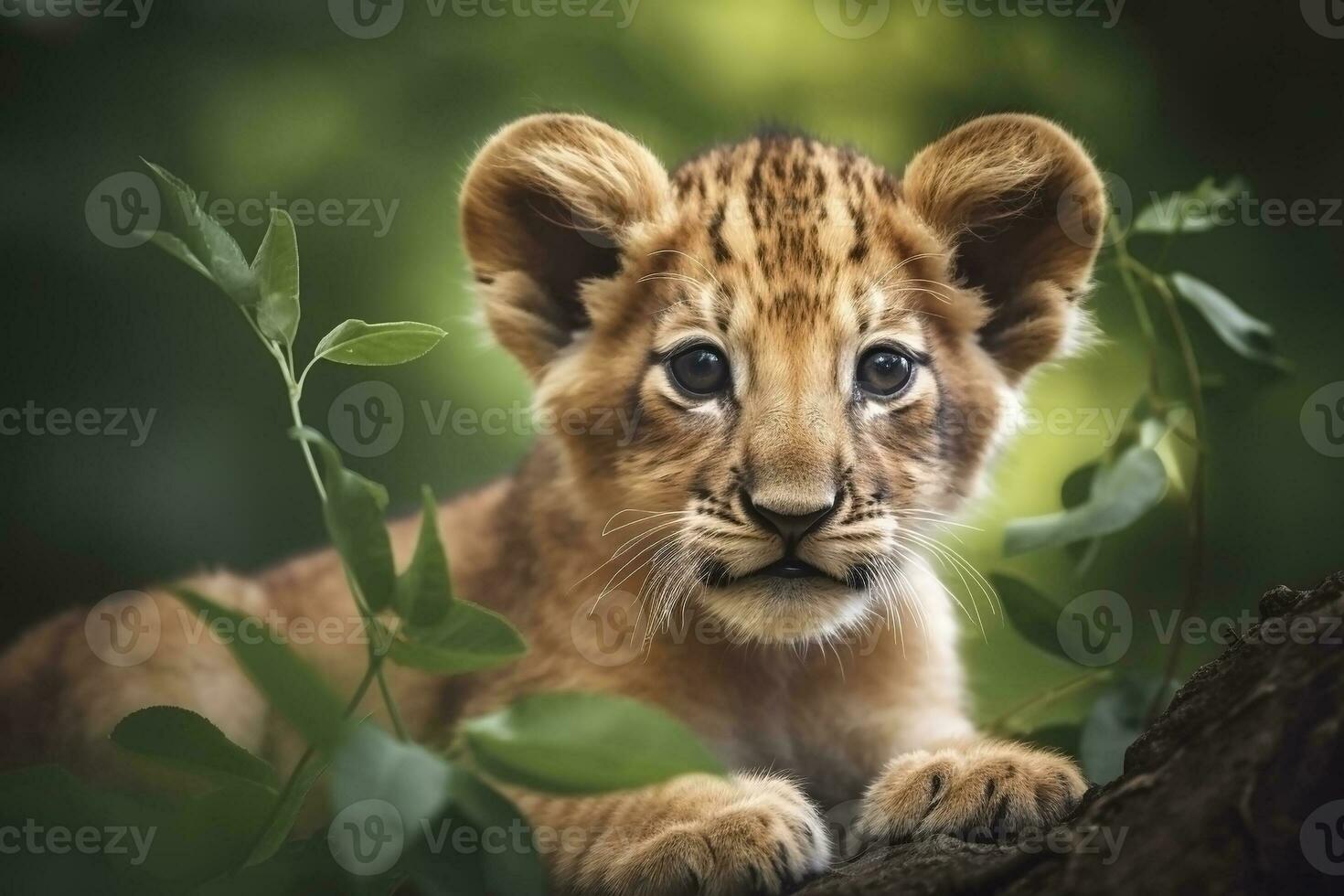 AI generated Lion cub in nature on summer forest background. Closeup animal portrait. Ai generated photo