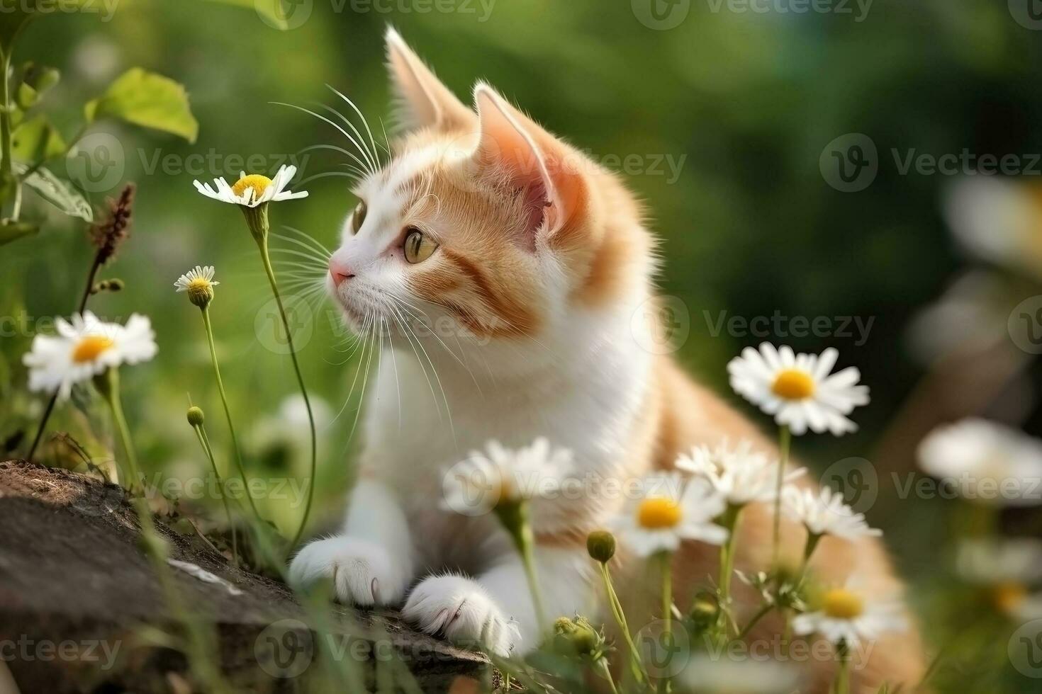 AI generated Kitty in nature on summer forest background. Closeup animal portrait. Ai generated photo