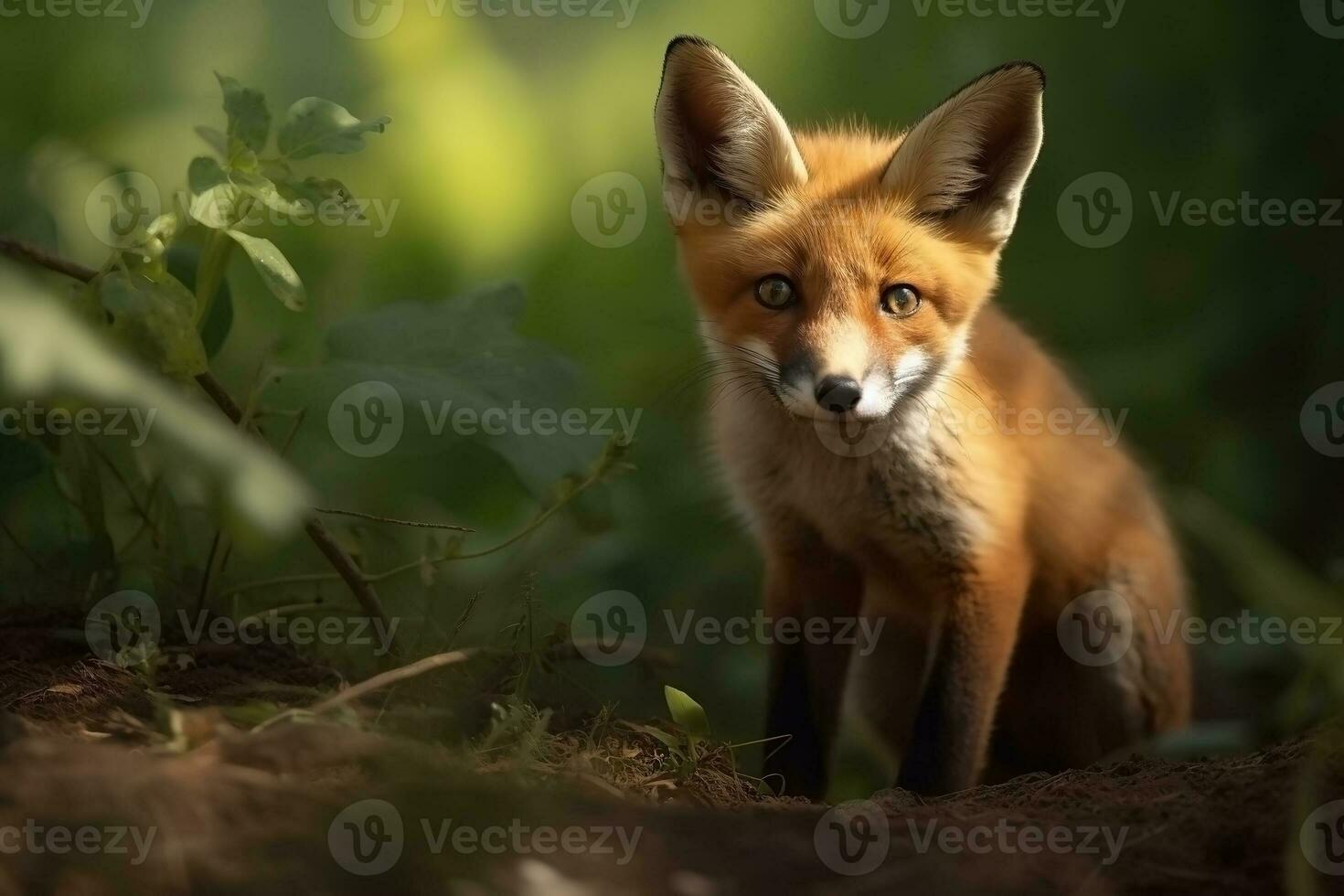 ai generado zorro cachorro en naturaleza en verano bosque antecedentes. de cerca animal retrato. ai generado foto