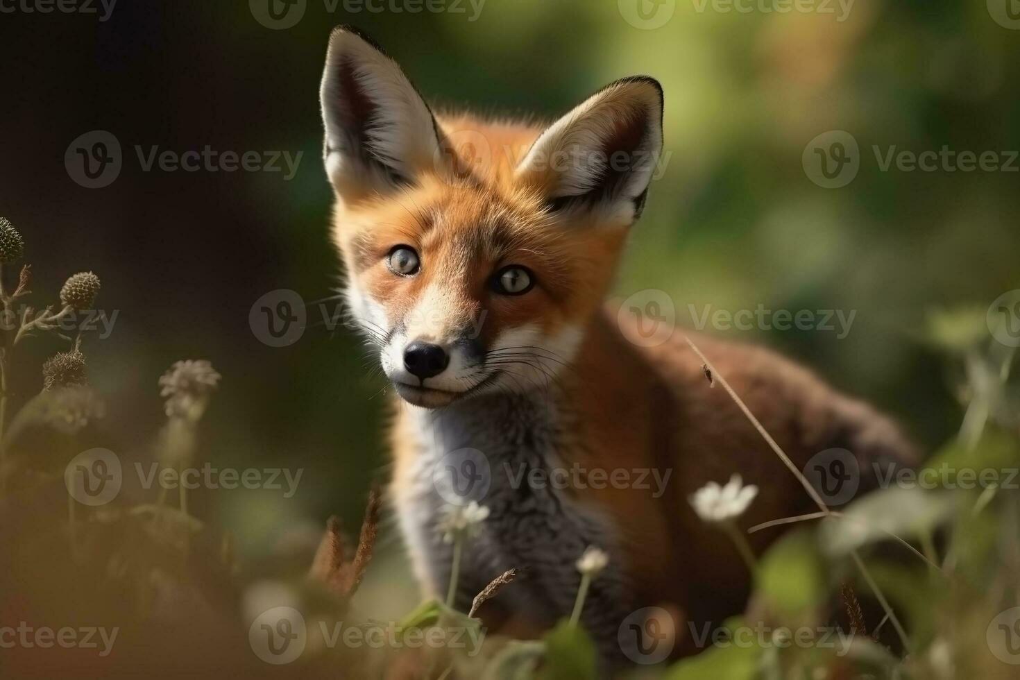 AI generated Fox cub in nature on summer forest background. Closeup animal portrait. Ai generated photo