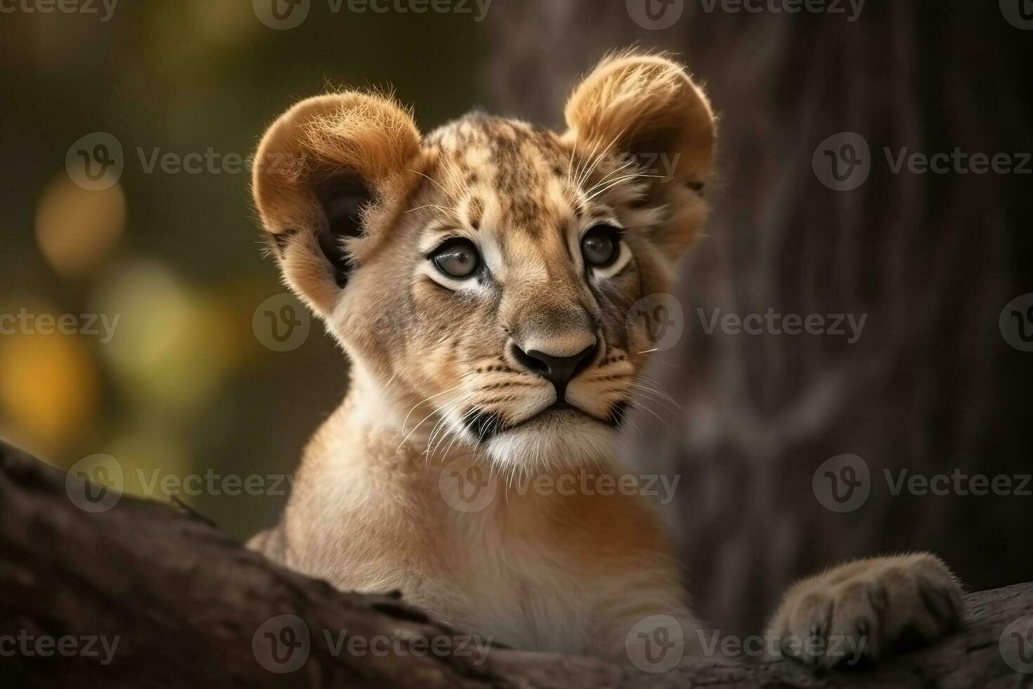 AI generated Lion cub in nature on summer forest background. Closeup animal portrait. Ai generated photo