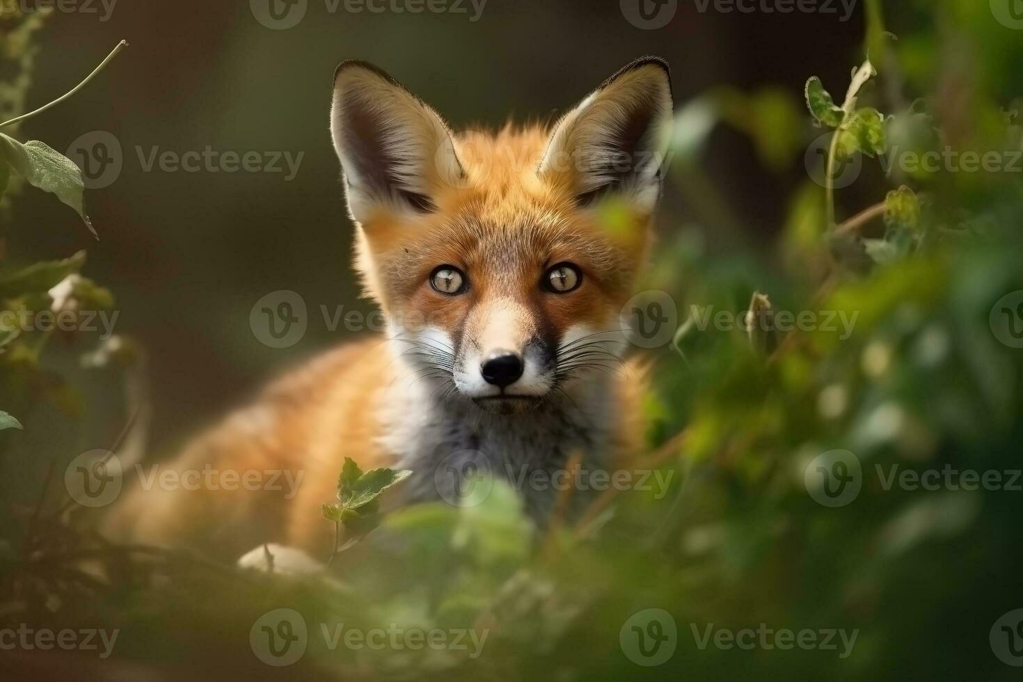 AI generated Fox cub in nature on summer forest background. Closeup animal portrait. Ai generated photo
