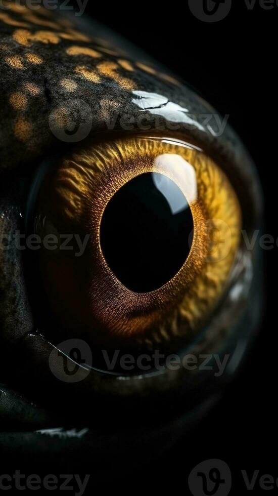 AI generated Closeup frog eye, portrait of animal on dark background. Ai generated photo