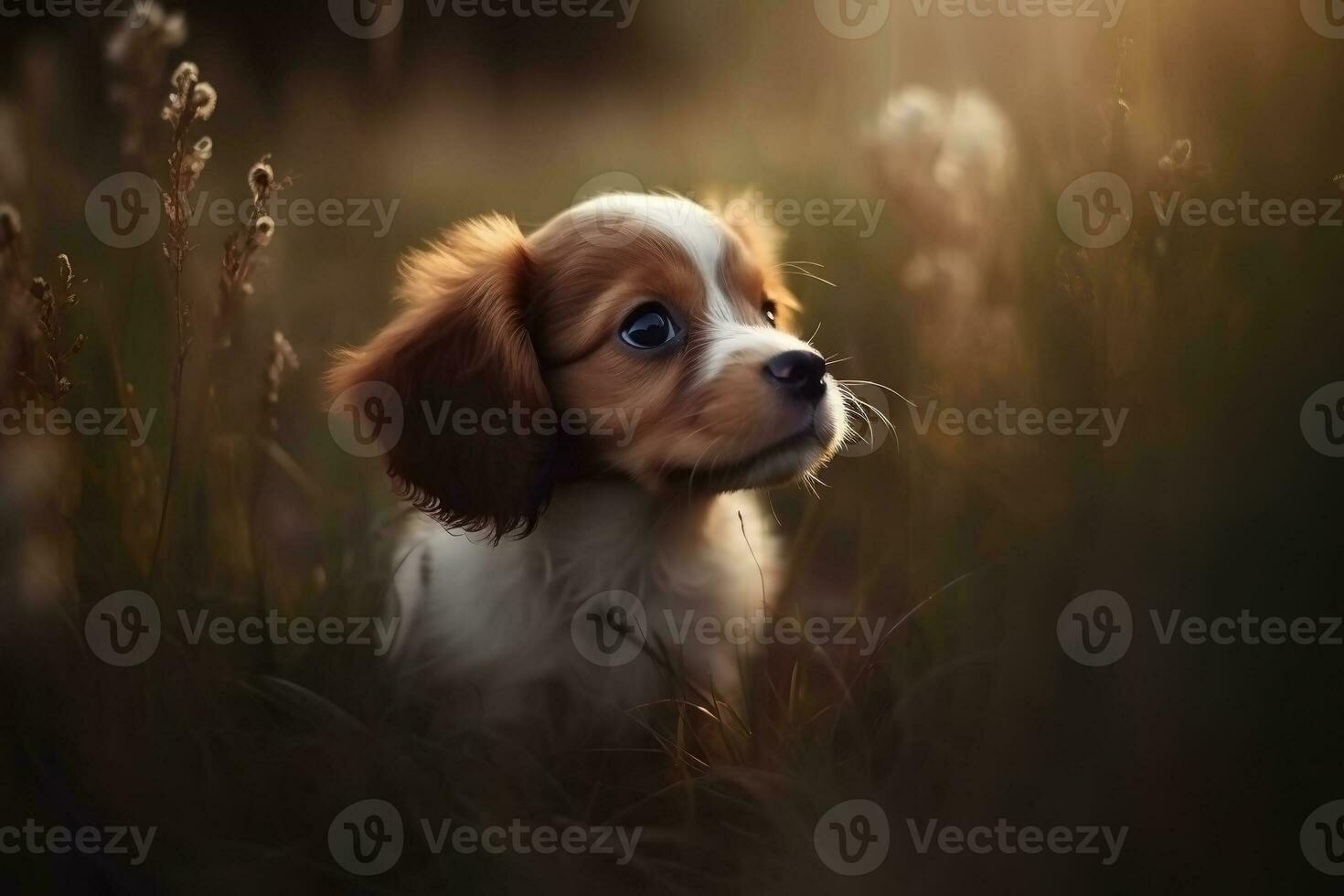 AI generated Puppy in nature on autumn forest background. Closeup animal portrait. Ai generated photo