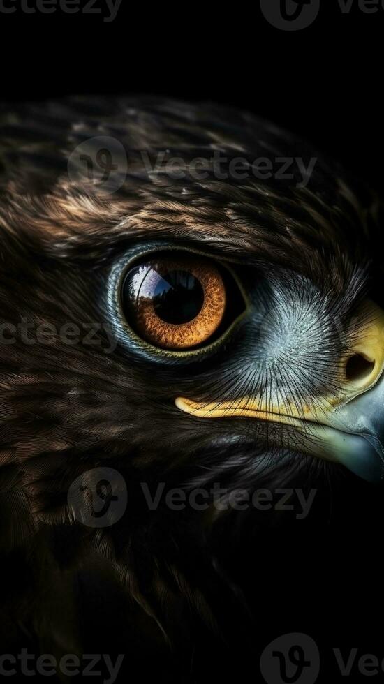 AI generated Closeup hawk eye, portrait of animal on dark background. Ai generated photo