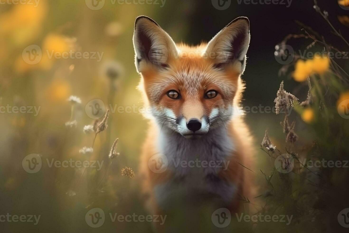 AI generated Fox cub in nature on summer forest background. Closeup animal portrait. Ai generated photo