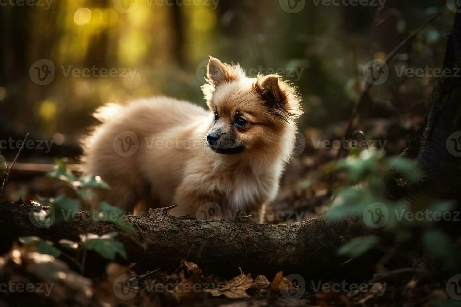 AI generated Puppy in nature on autumn forest background. Closeup animal portrait. Ai generated photo