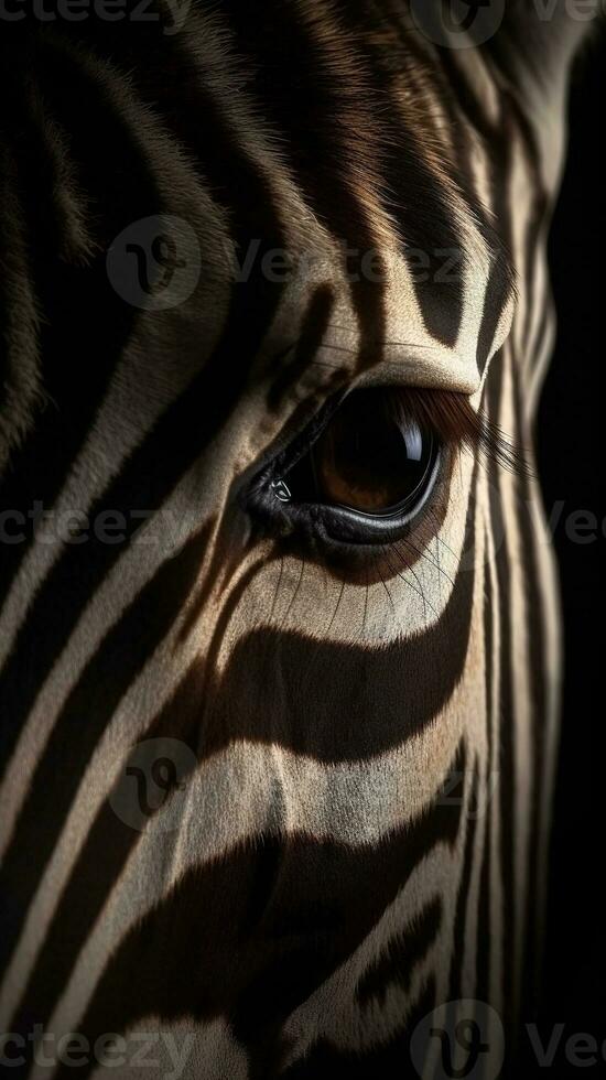 AI generated Closeup zebra eye, portrait of animal on dark background. Ai generated photo