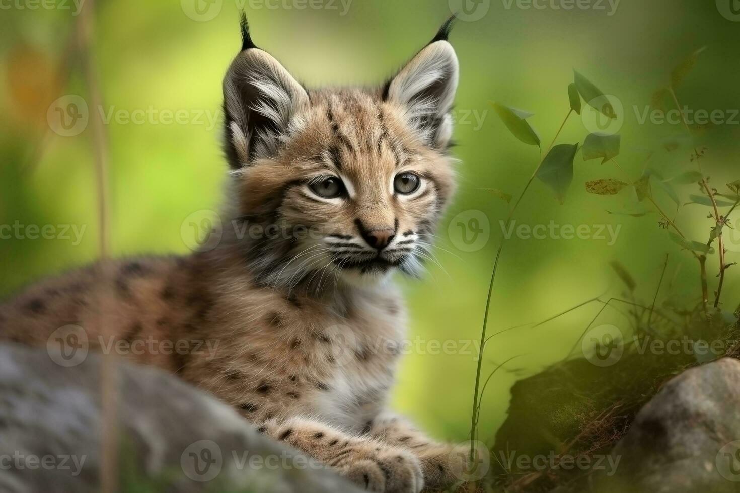 AI generated Lynx cub in nature on summer forest background. Closeup animal portrait. Ai generated photo