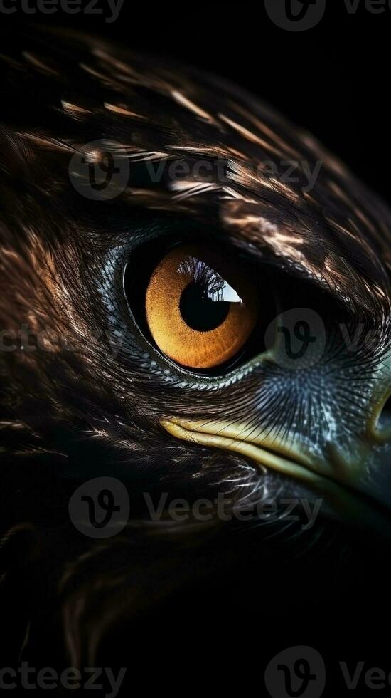 AI generated Closeup eagle eye, portrait of animal on dark background. Ai generated photo