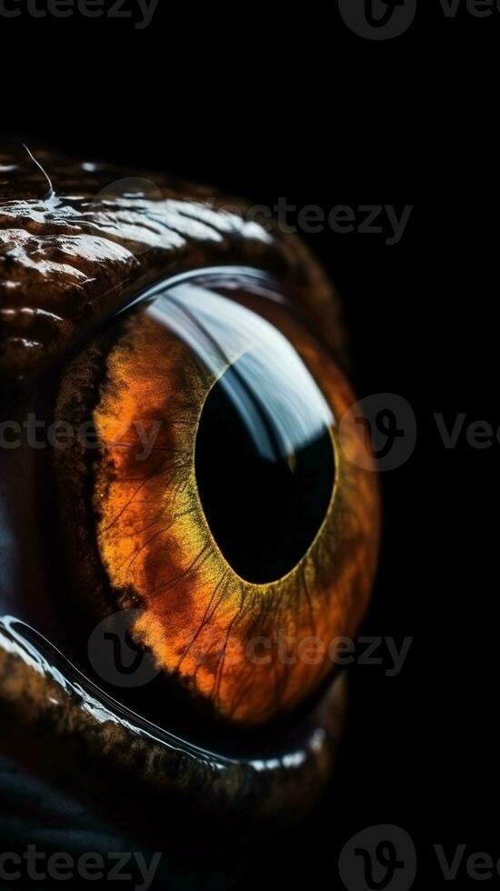 AI generated Closeup frog eye, portrait of animal on dark background. Ai generated photo