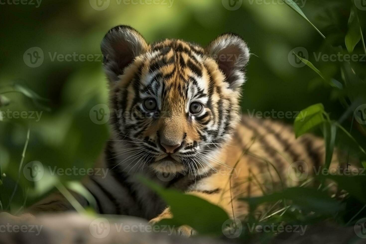 AI generated Tiger cub in nature on summer forest background. Closeup animal portrait. Ai generated photo