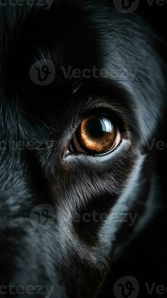 AI generated Closeup dog eye, portrait of animal on dark background. Ai generated photo