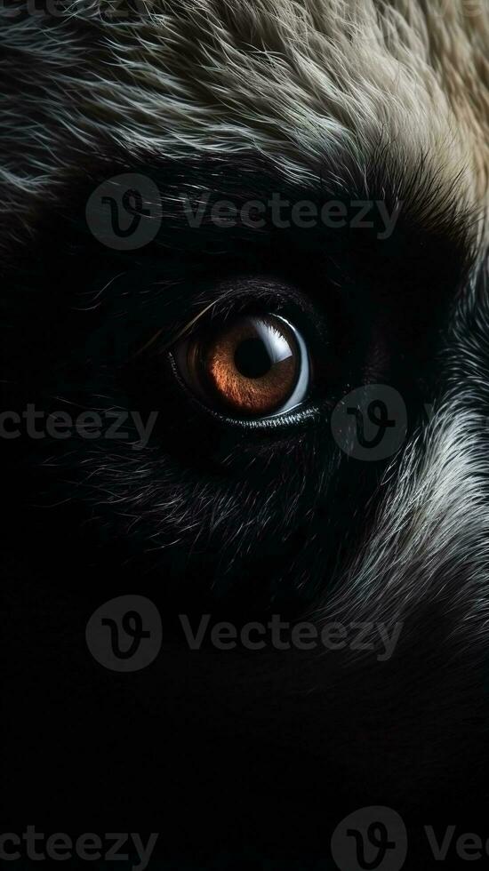 AI generated Closeup panda eye, portrait of animal on dark background. Ai generated photo
