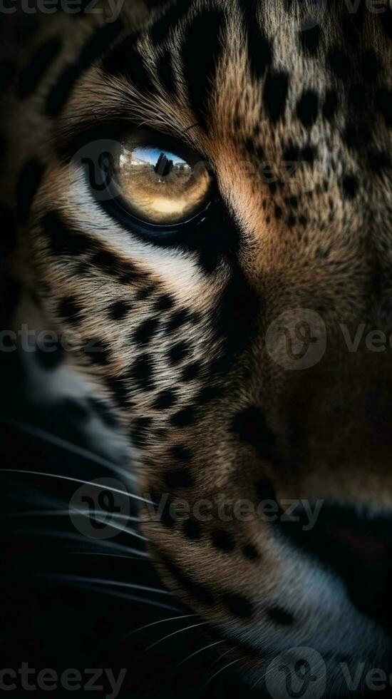 AI generated Closeup leopard eye, portrait of animal on dark background. Ai generated photo