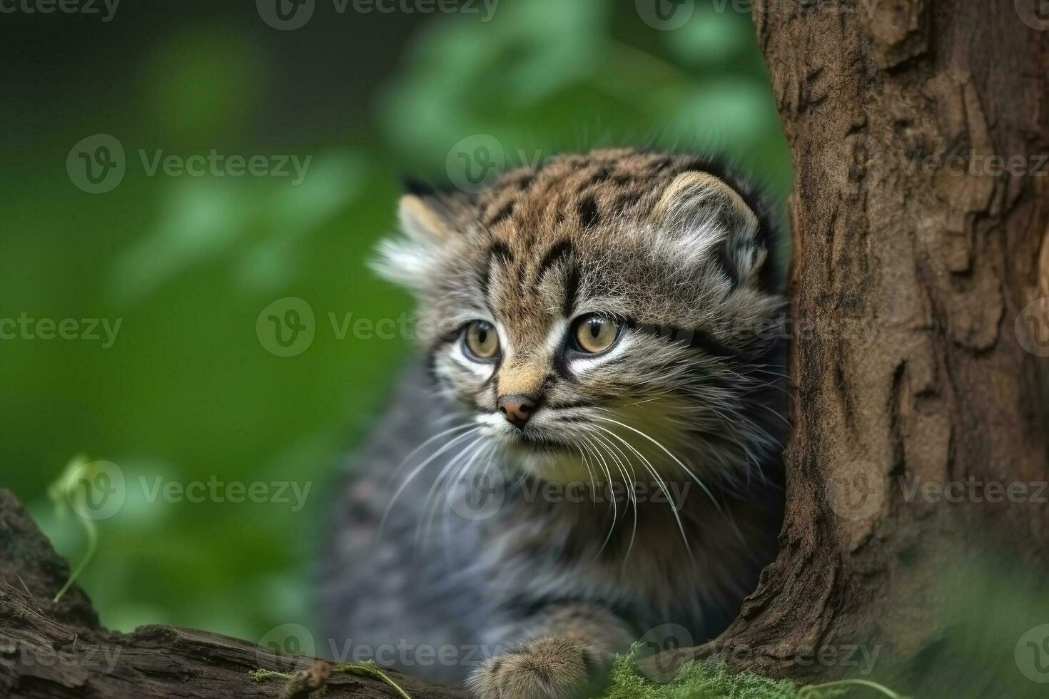 ai generado manul cachorro en naturaleza en verano bosque antecedentes. de cerca animal retrato. ai generado foto