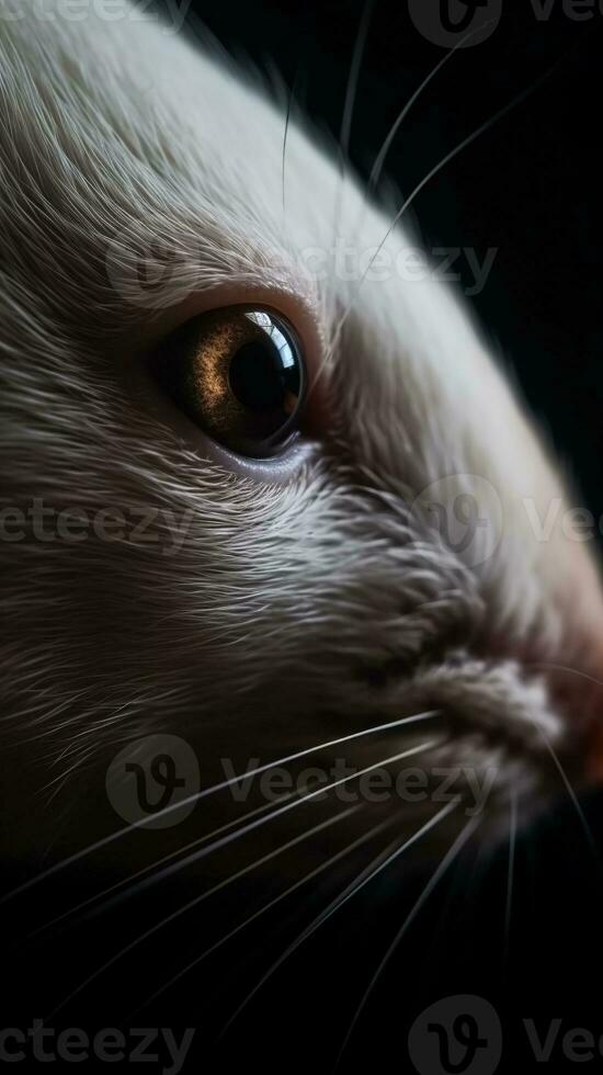 AI generated Closeup white rat eye, portrait of animal on dark background. Ai generated photo