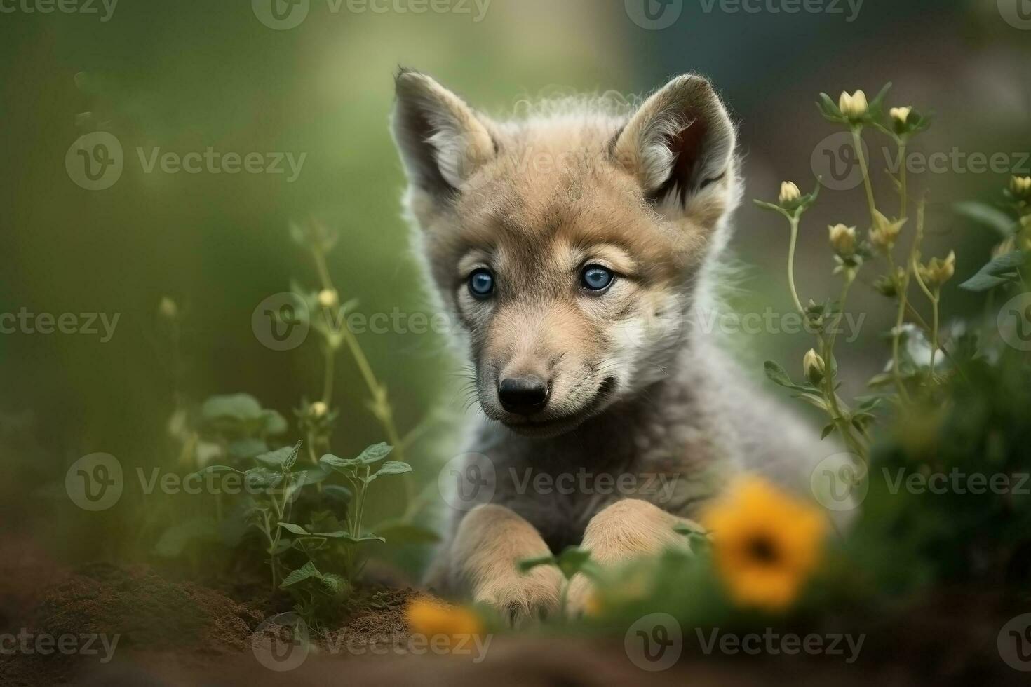 AI generated Wolf cub in nature on summer forest background. Closeup animal portrait. Ai generated photo