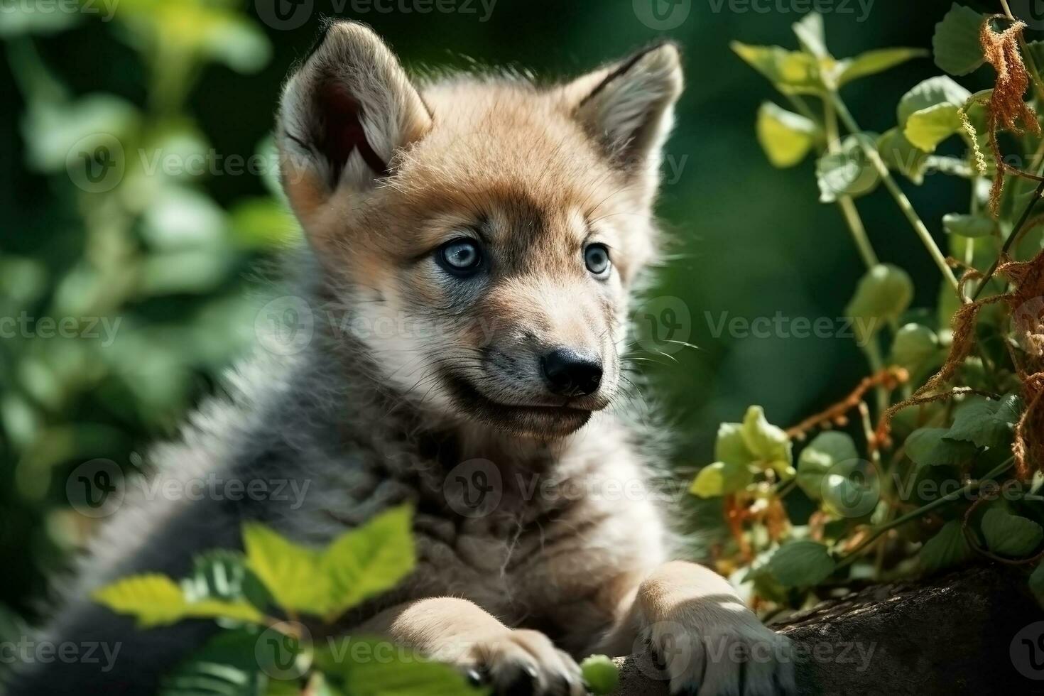 AI generated Wolf cub in nature on summer forest background. Closeup animal portrait. Ai generated photo