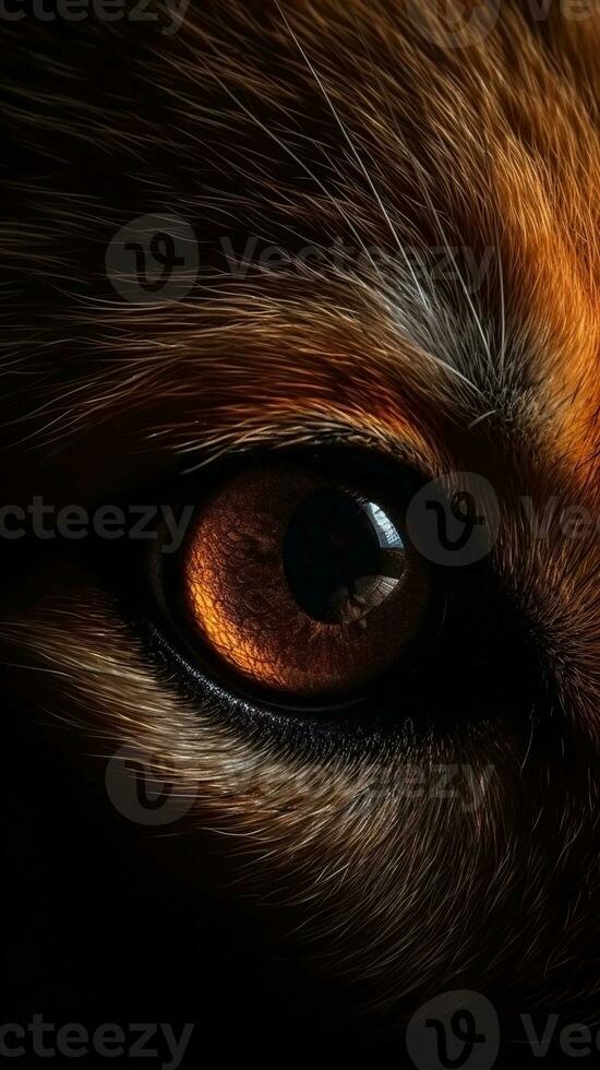 AI generated Closeup fox eye, portrait of animal on dark background. Ai generated photo