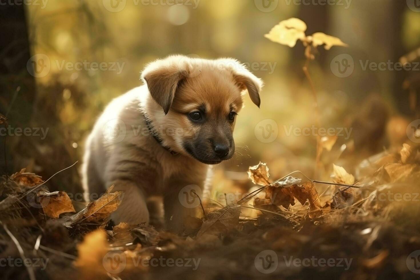 AI generated Puppy in nature on autumn forest background. Closeup animal portrait. Ai generated photo