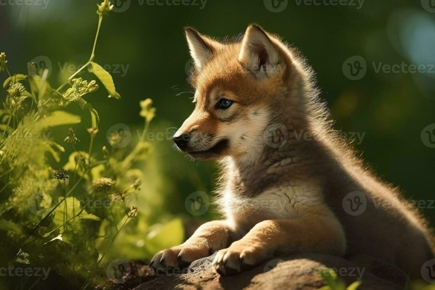 ai generado lobo cachorro en naturaleza en verano bosque antecedentes. de cerca animal retrato. ai generado foto