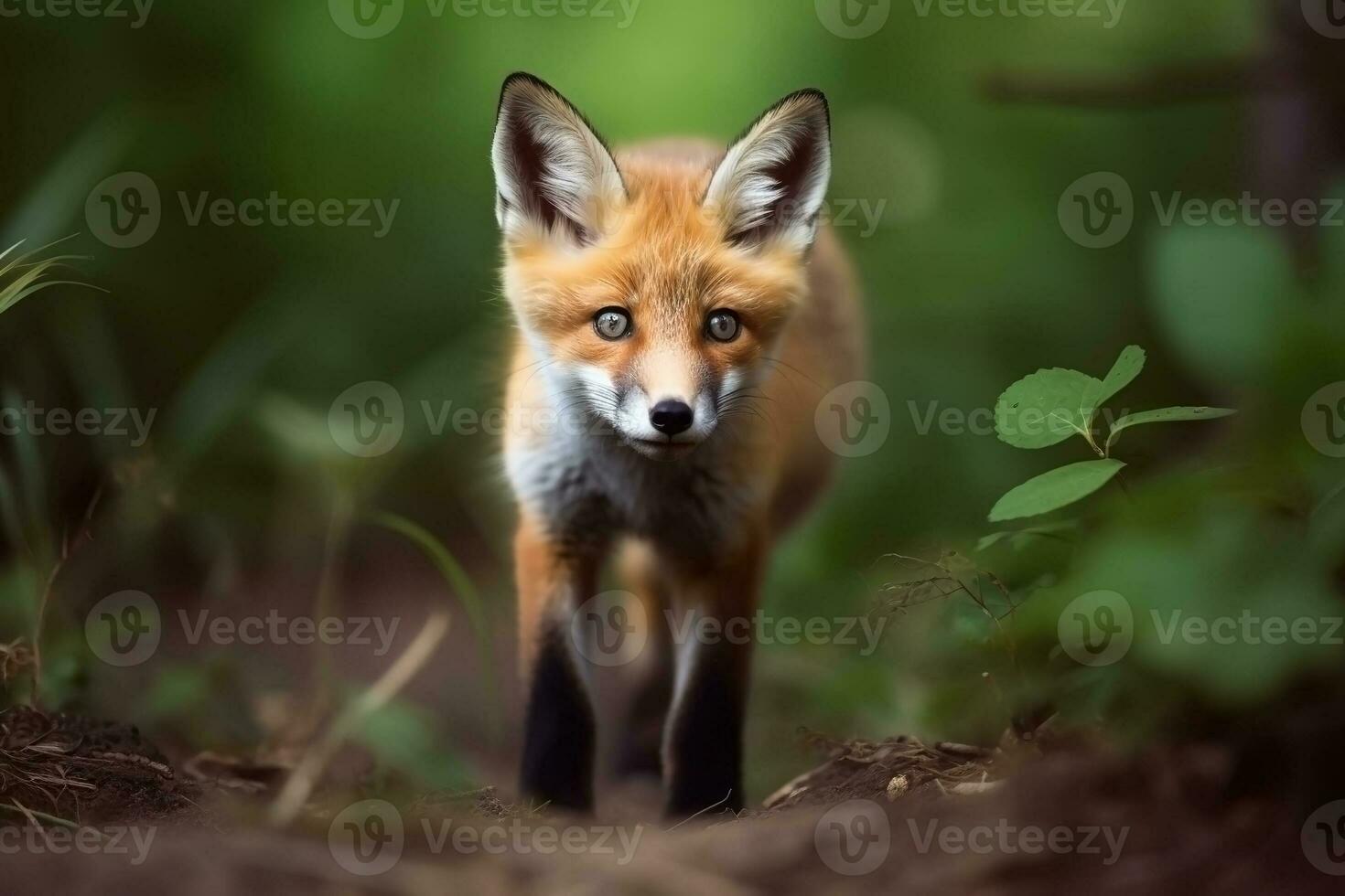 AI generated Fox cub in nature on summer forest background. Ai generated photo